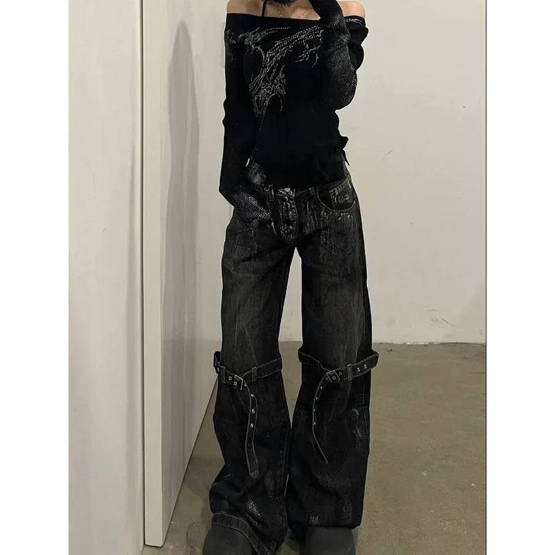 

Black Women's Jeans High Waist Hip Hop Straight Fashion Pants Streetwear Harajuku Y2K Star 2024 Female Wide Leg Denim Trouser