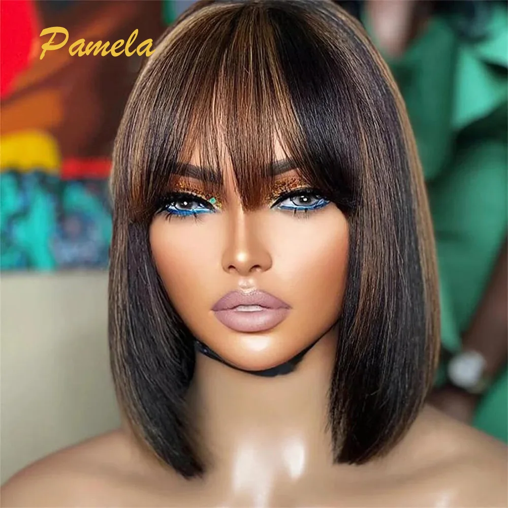 

Ombre 1b4 Colored Short Bob Wigs Bone Straight 13x4 Transparent Lace Frontal Human Hair Glueless Wigs With Bangs Ready To Wear
