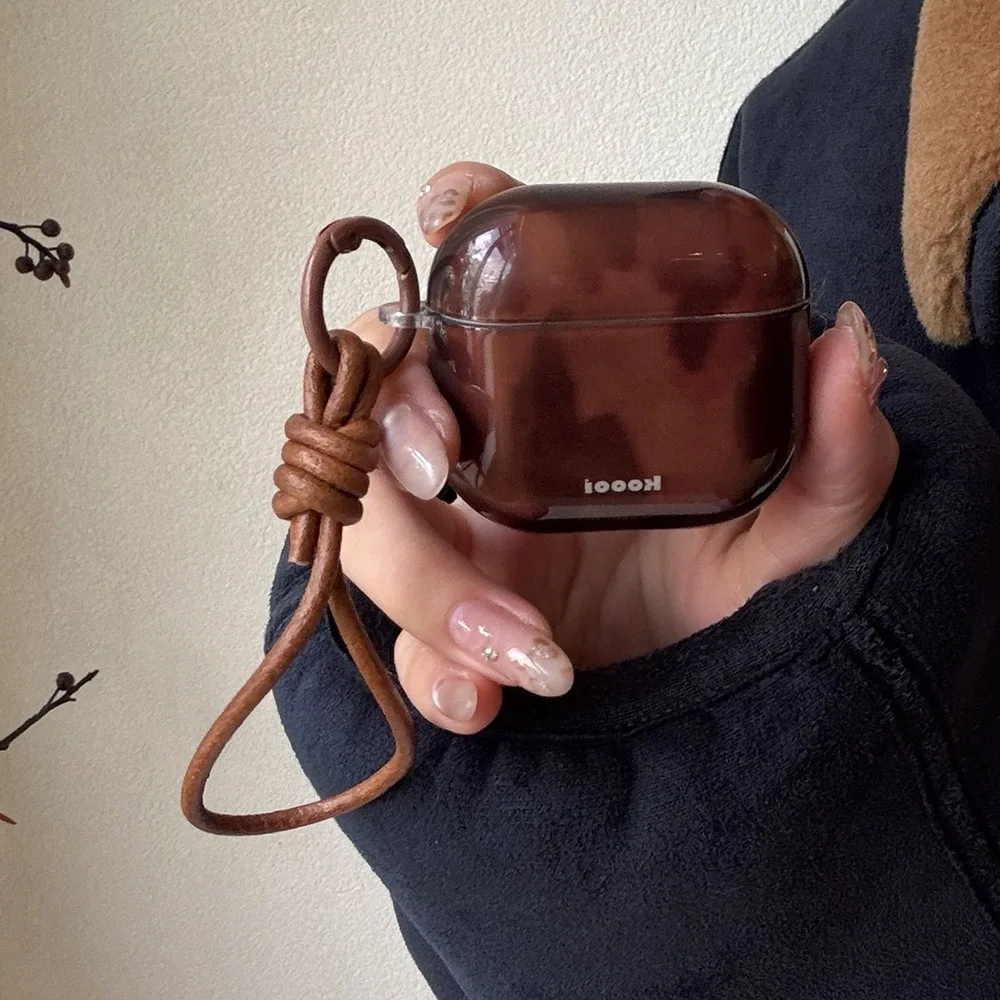 Retro Transparent Amber Soft Silicone Earphone Case for Apple AirPods Pro 3 2 Fashion Brown Hand Rope for AirPods 1 2 3 4 Cover
