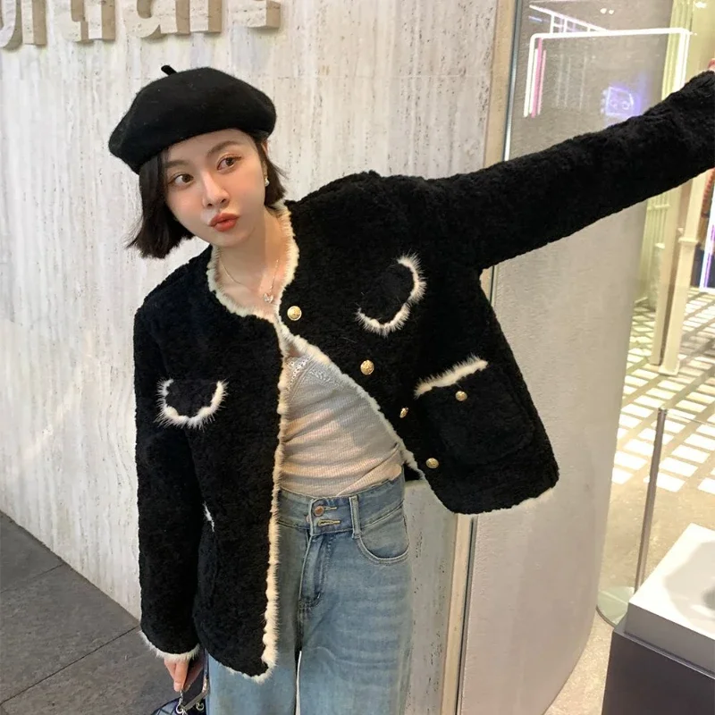 Winter New Environmental Protection Mink Fur Splicing Outcoat Women Thickened Fur Integrated Lamb Wool Short Loose Jacket 2023