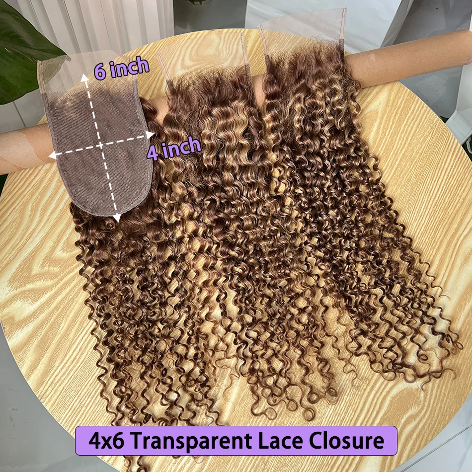 Mettre en évidence P4/27 couleur 4x6 pouces fermeture à lacets transparente bouclés profonds 100% cheveux humains noeuds blanchis dentelle pré-épilée cheveux bruts