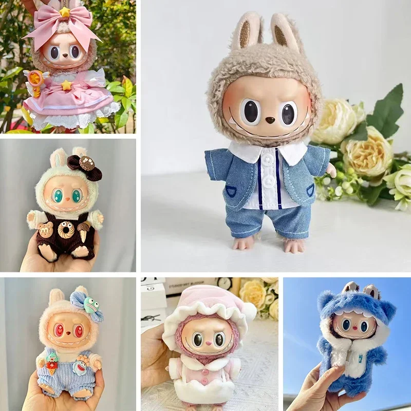 

17 см милая мини-плюшевая кукла, одежда, аксессуары, Labubu Idol, куклы, комбинезон с акулой, одежда, подарок для девочек «сделай сам»