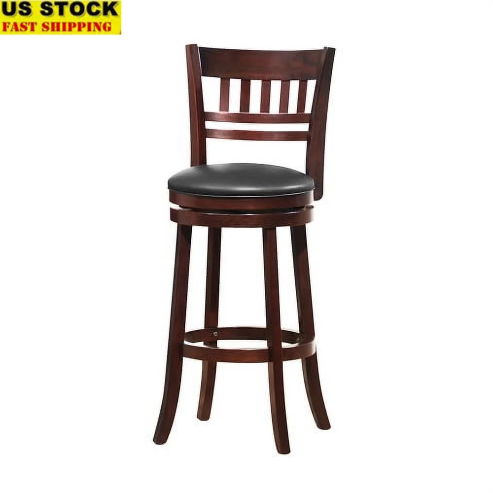 

Swivel Bar Stool Dark Cherry Wood High Back Faux Leather Cushion Comfortable Seat 360 Degree Swivel Footrest Dining Kitchen