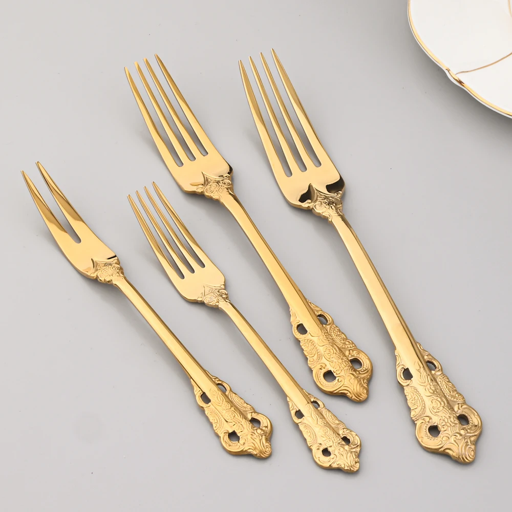 Vintage Western Plated Cutlery 18/10 Stainless Steel Luxury Gold Dinnerware Set Tableware Steak Knife Fork Spoon Silver Flatware