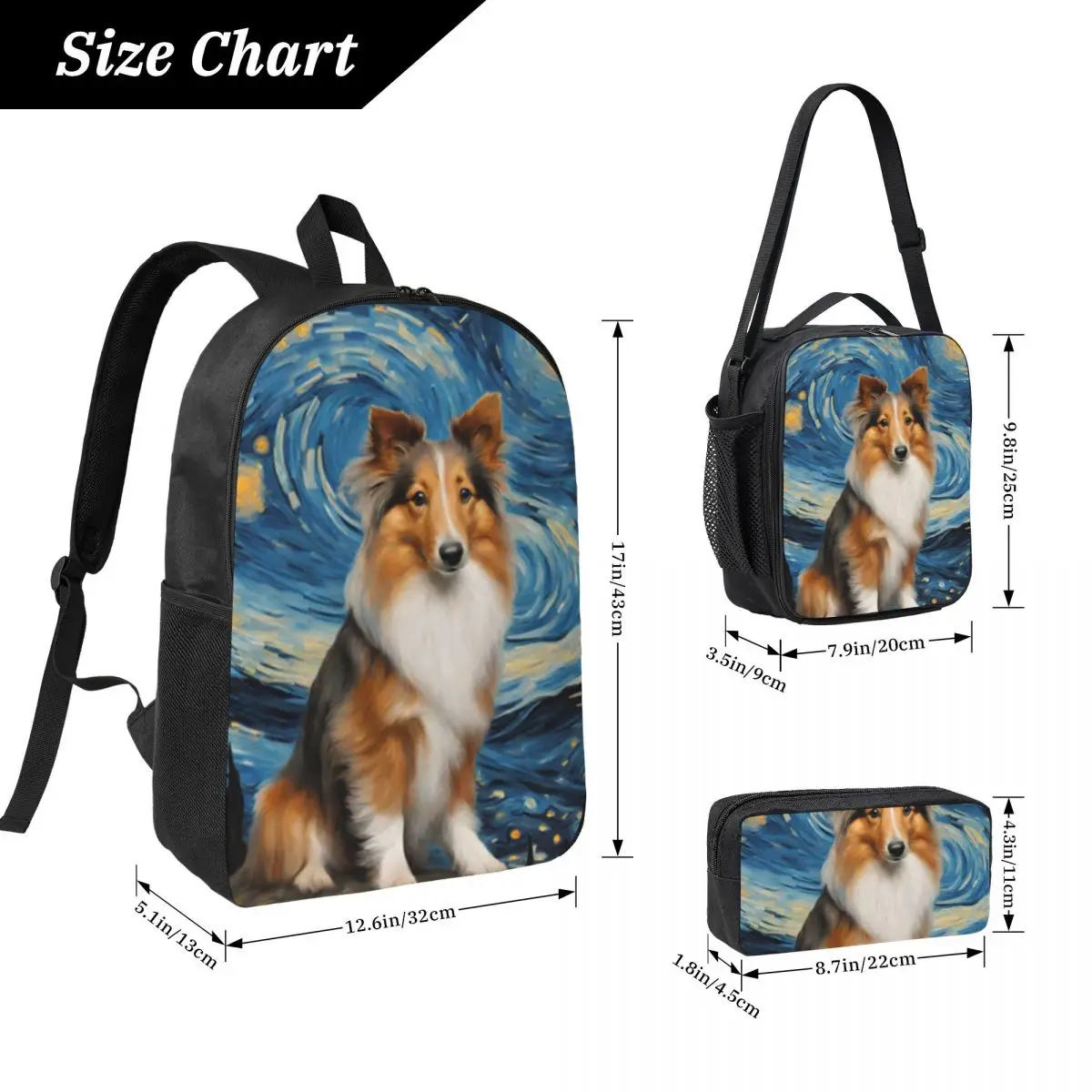 Шетландская овчарка, собака в Ван Гоге, звездная ночь, рюкзак, студенческий рюкзак для мальчиков и девочек, школьная сумка, 3 шт., изолированная сумка для обеда, пенал