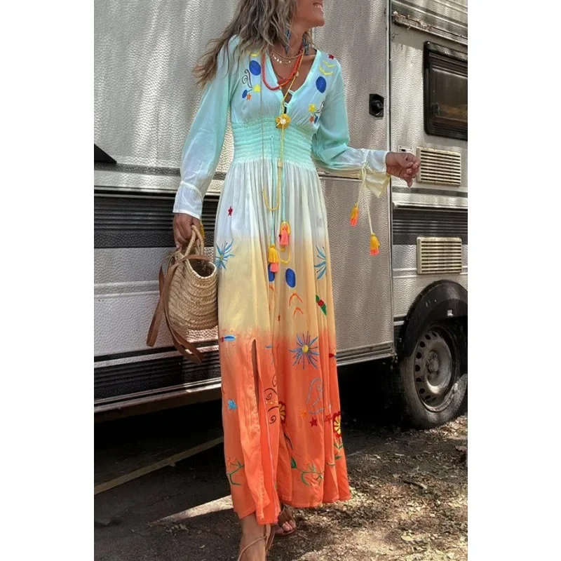 Abito Boho plissettato Abiti da vacanza Corsetto da donna Abito lungo da vacanza bohémien Manica lunga svasata sexy Scollo a V Vita elastica