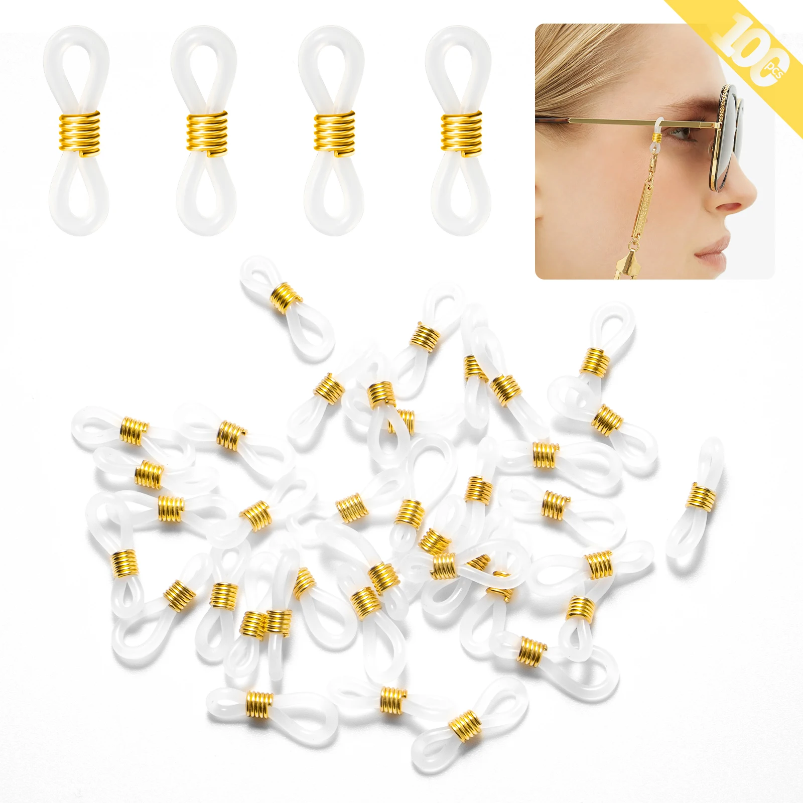 100pcs Clear Rubber Glasses Anti-Slip Retainers with Gold-Toned Coils | Eyeglass Holder Straps for Secure Fit, Bulk Pack