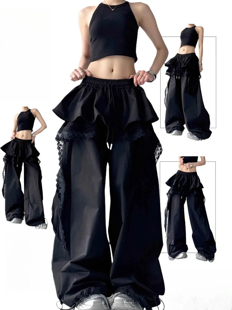 

Осенние брюки Harajuku, винтажные свободные повседневные брюки в стиле гранж Y2k, эстетичная женская кружевная юбка, повседневные брюки из двух предметов, уличная одежда
