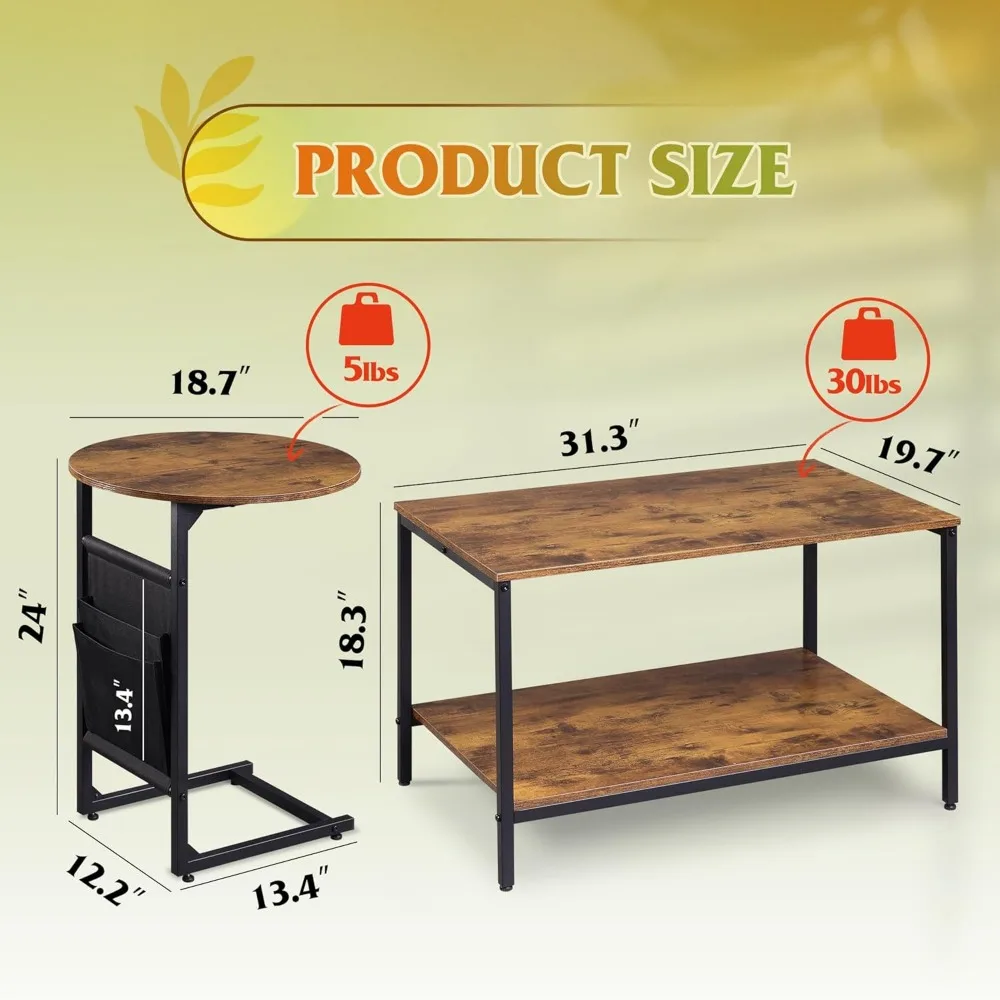 Table centrale rectangulaire et table d'appoint circulaire en forme de C, table basse imbriquée en bois avec poches latérales, 31.3 po, 18.7 po