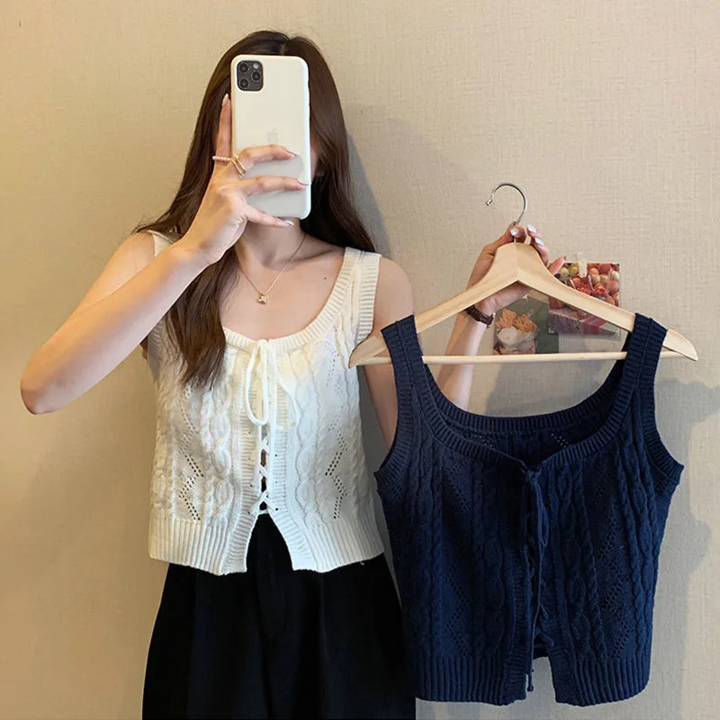 

Spring Summer Bandage Tie-Front Cropped Sweater Tank Top Women Sleeveless White Navy Blue Knitted Vest Cardigan Sexy Lace-Up Top