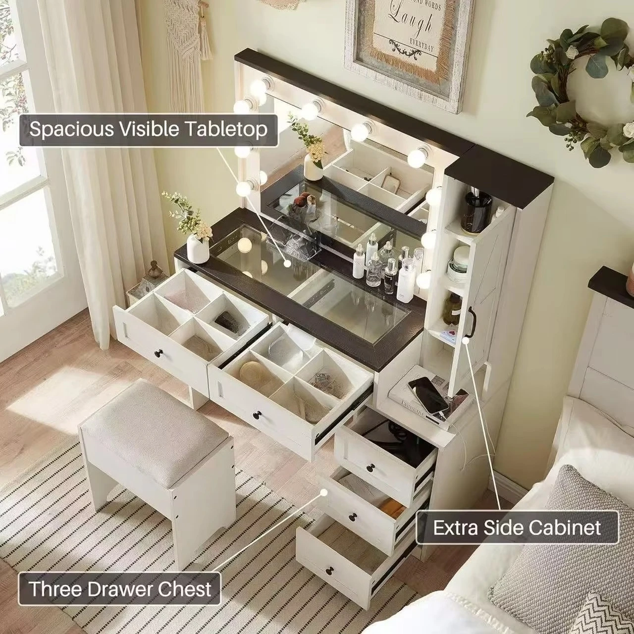 Bedroom Dressing Table with Stool Set - Three-colour Movable LED Mirror - Drawer Storage Makeup Table Set