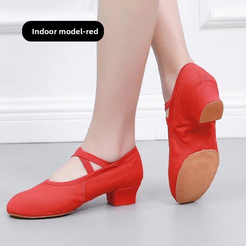 New Four Seasons Women Ballet Shoes Lady Soft Sole Non-Slip Teacher Shoes Adult Mid-Heel Dance Shoes Dance Practice Performances