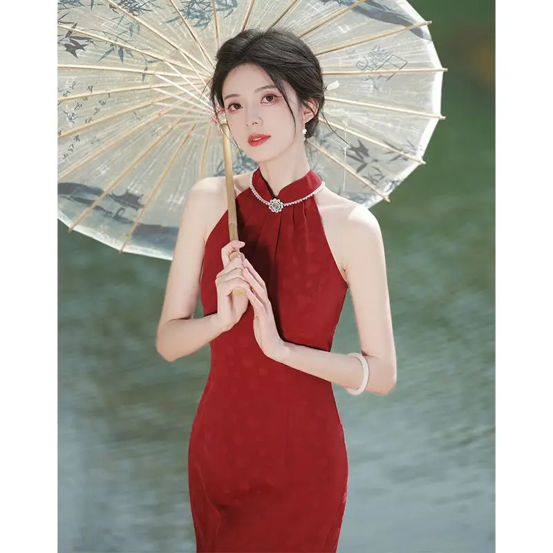 Wine Red Wedding Cheongsam Chinese New Style Vintage Improved Women Summer Elegant Dress Slim-fit Qipao S To XXL