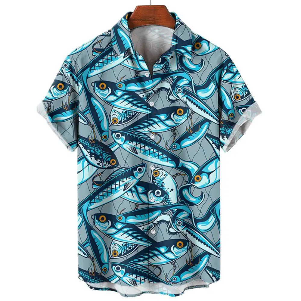 Men\'s Hawaiian Shirts 3D Print Fish Graphics Fashion Button Short Sleeve Lapel Streetwear Hawaiian Blouse shirts for men Summer