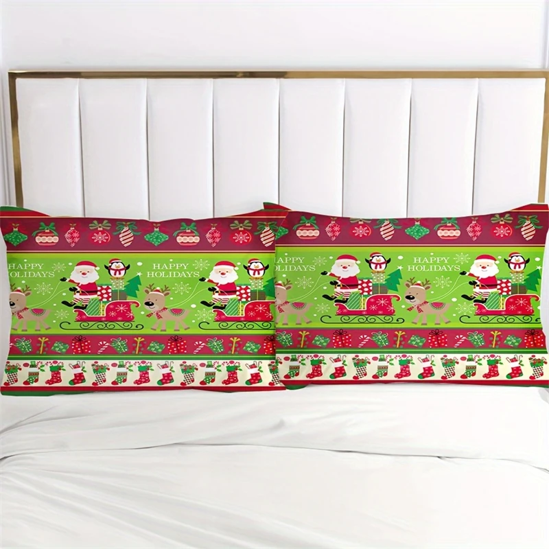 Holiday Quilt Cover Set, Cartoon Santa Claus and Penguin Sleigh Print, Soft Polyester Bedding  Bedroom and Dormitory Decoration