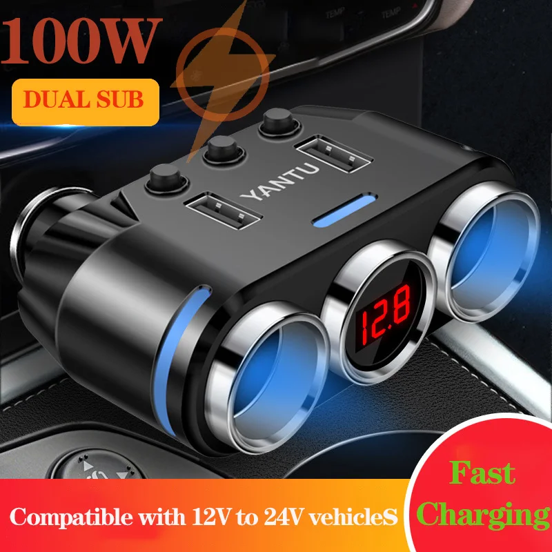 100/150W Car Cigarette Lighter Charger 2 USB Port 3 Way Socket Splitter DC 12~24V Auto Power Adapter Plug  Fast Charger