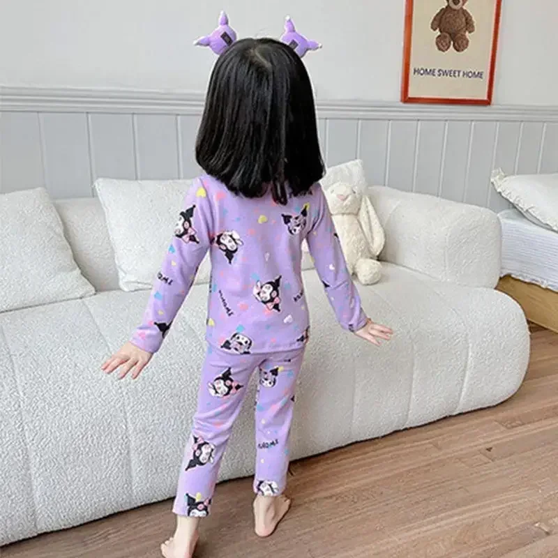 Kawaii Sanrio Kids Anime Pajamas 2Pcs Set Cute Kuromi My Melody Girls Thermal Underwear Autumn Children's Nightwear Home Clothes