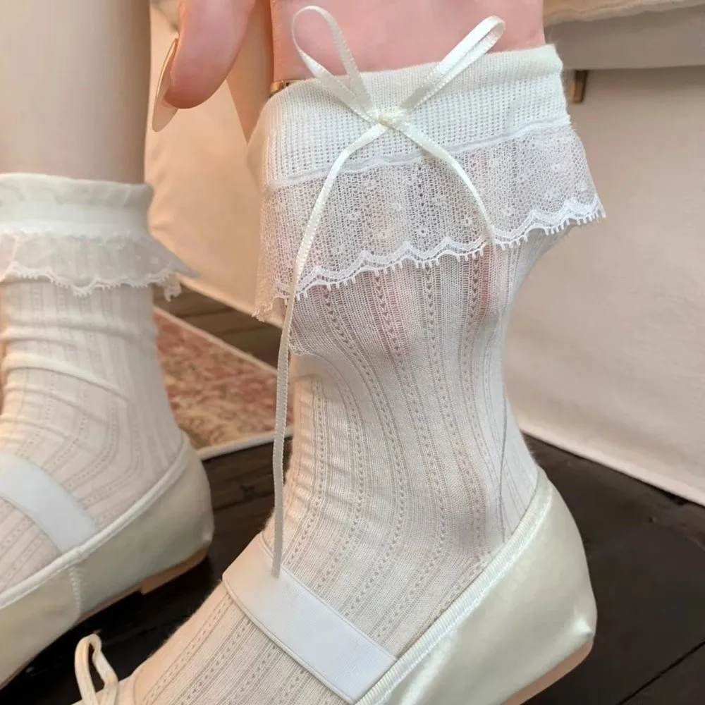 Comfortable Ribbon Bow Lace Ruffle Socks Lace Trim Thin Breathable Bow Ruffle Socks Ballet Style Socks Women
