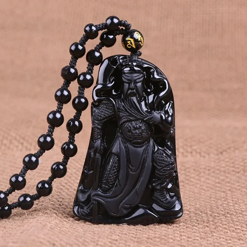 Natural Obsidian Guan Yu Jade Pendant Jewelry Lucky Exorcise evil spirits Auspicious Amulet Pendant Necklace Fine Jewelry