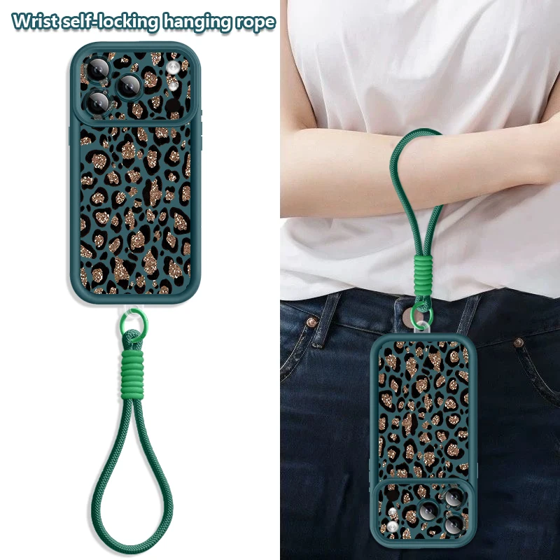 Brown Leopard Printed Lanyard Phone Case For iPhone 17e 17 Pro Max 16 15 14 13 Pro Max 16e Soft Silicone Wrist Strap Back Cover - view 3
