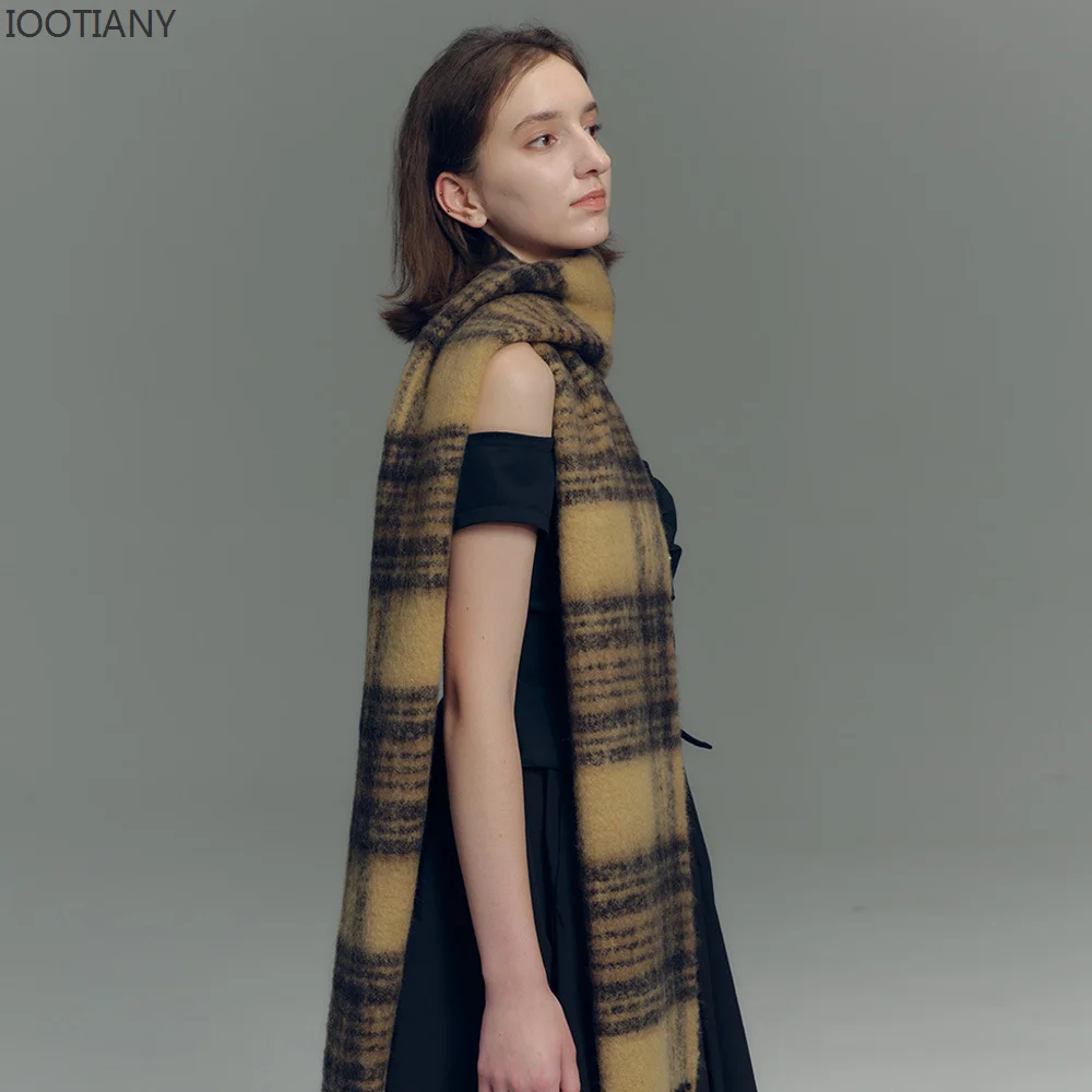 IOOTIANY New Women\'s Winter Woven Warm Scarf Casual Extra Long Wool Scarve Narrow Version Maillard Plaid Tassel Shawl