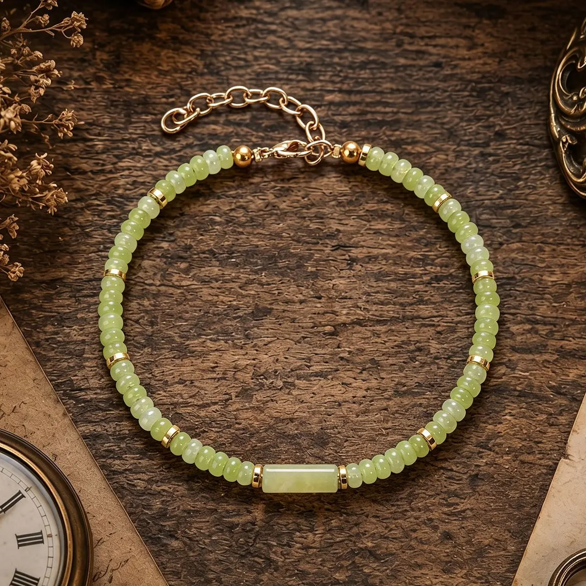 Leisure style olivine 6mm tube bead bracelet, symbolizing inner growth, peace, adjustable gold chain, men's and women's jewelry