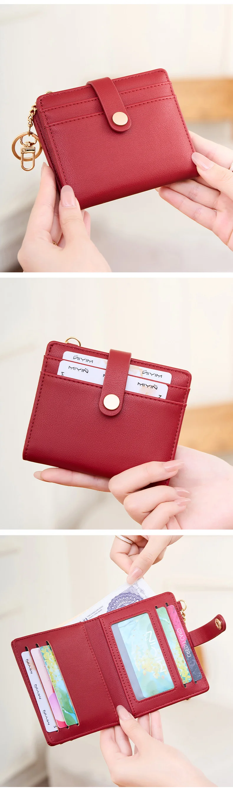 MIYIN Ultradünne Damen-Geldbörse RFID-geschützt, zweifach faltbarer Kreditkarten-/Ausweishalter, minimalistische kurze Geldbörse mit Reißverschluss und Schlüsselanhänger – Detail 6