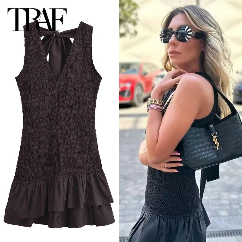 TRAF 2024 Butterfly Short Dresses Women\'s Lace-Up Elegant Party Mini Dresses Summer Ladies Fashion Casual Sleeveless Black Dress