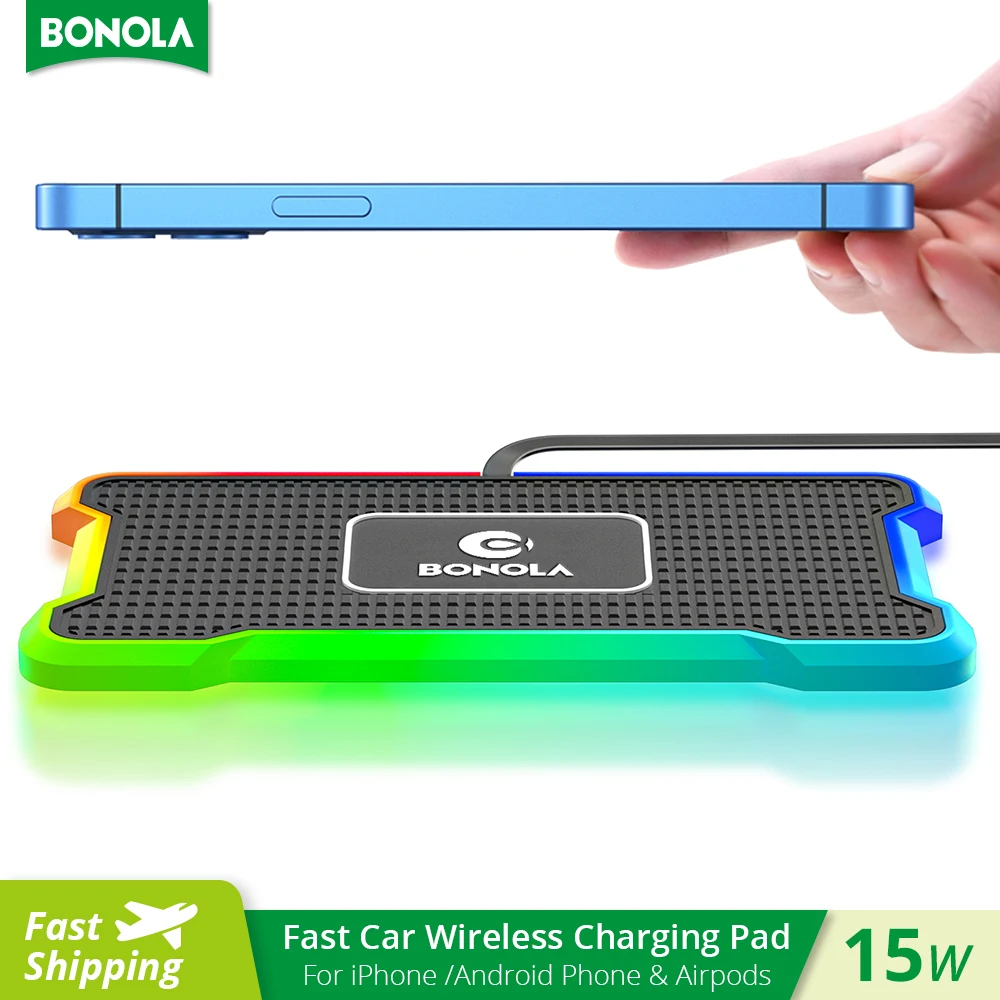 Bonola Silicone Car Wireless Charger Non-slip Pad with LED Light Compatible for Tesla/VW/Toyota Universal Car Chargers Holder