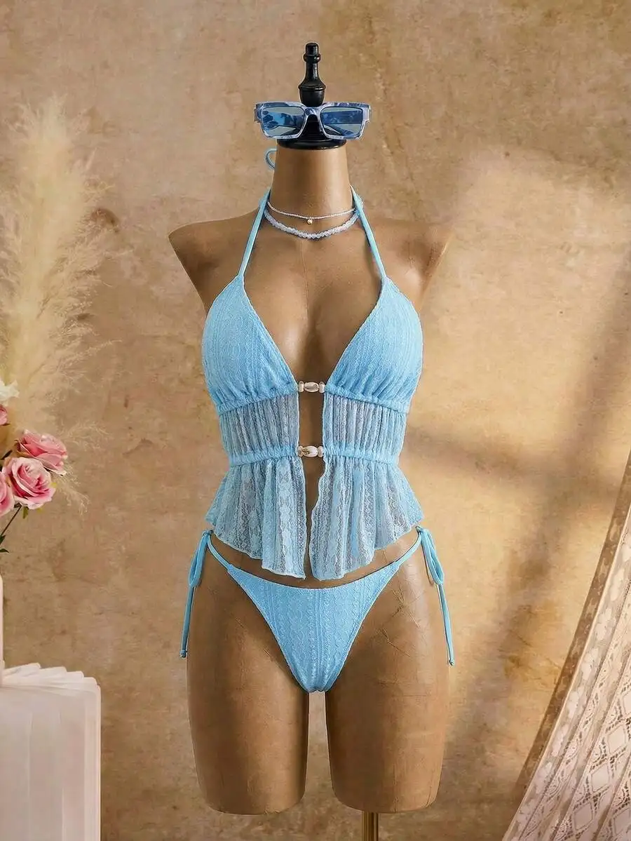 

Womens Blue Lace Halter Tankini Swimwear With Drawstring Bottoms Boho Vintage Bathing Suit