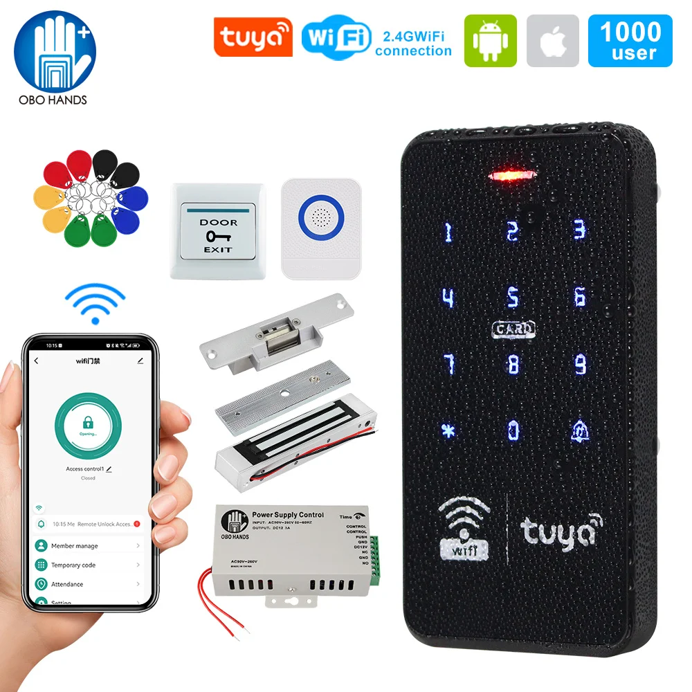 Tuya WiFi Door Access Control System Kits 13.56MHz RFID Keypad IP68 Waterproof Electronic Magnetic Lock, Smart APP Remote Unlock