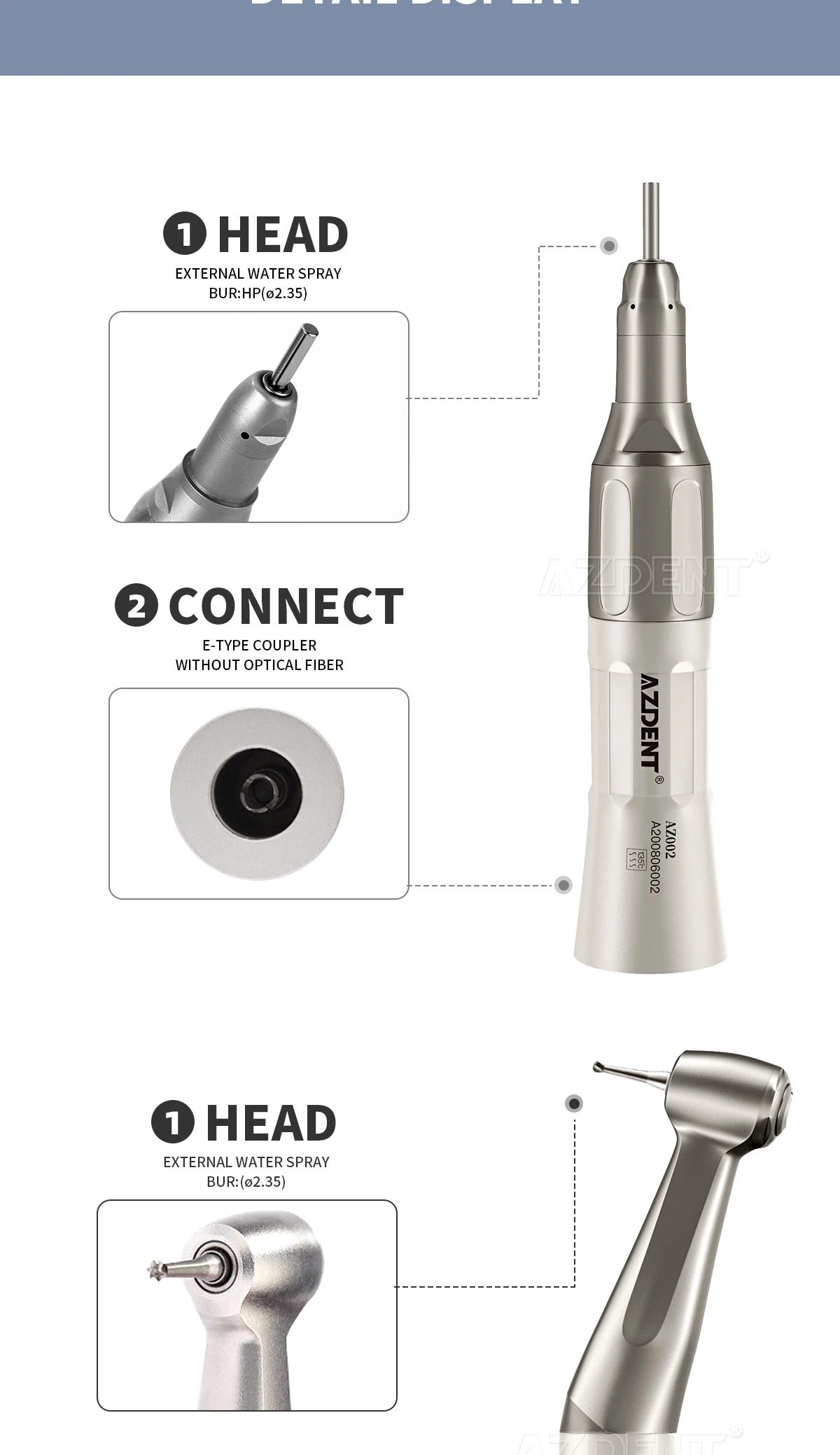 AZDENT Dental-Set mit langsamer Drehzahl, Winkelstück, gerader Luftmotor, 2/4-Loch-Druckknopf, externer Sprühvorrichtung, Zahnarztwerkzeug – Detail 6