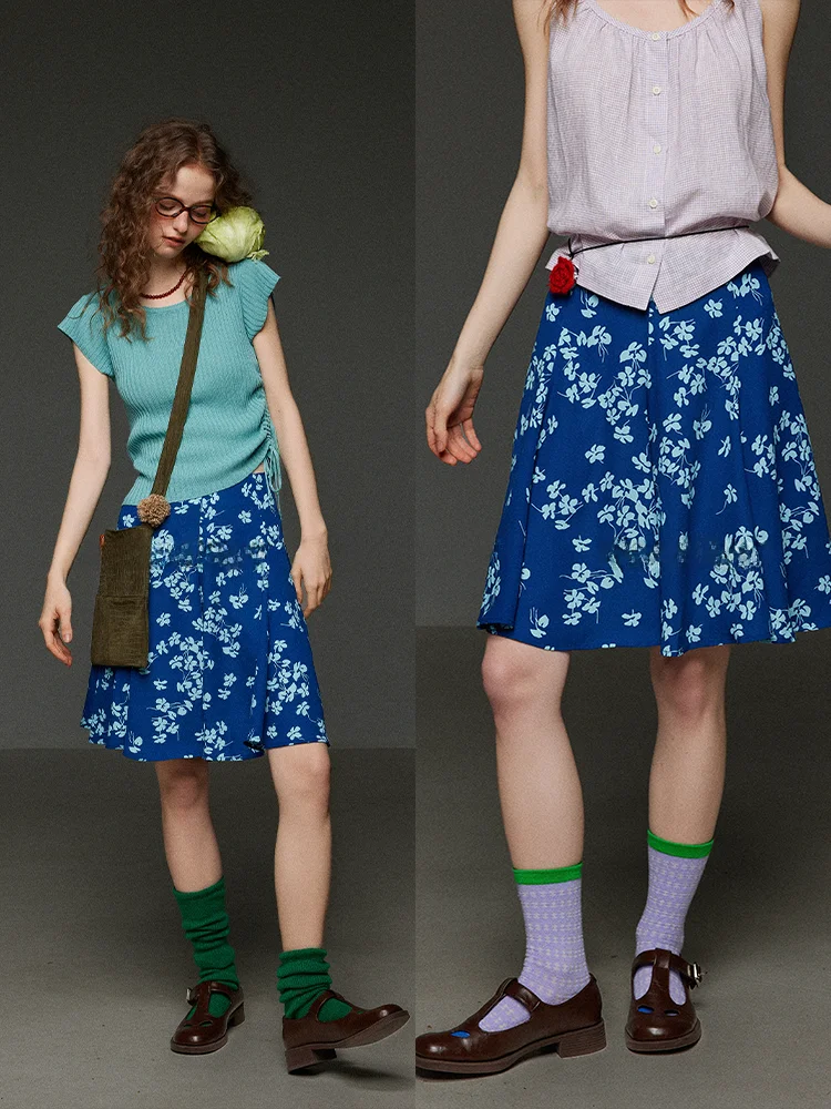 

Женская летняя юбка TNIT в стиле ретро, синяя, с цветочным принтом, плиссированная, А-силуэт, с завышенной талией, стройнящая, для офиса/повседневная, другая ткань/другие материалы