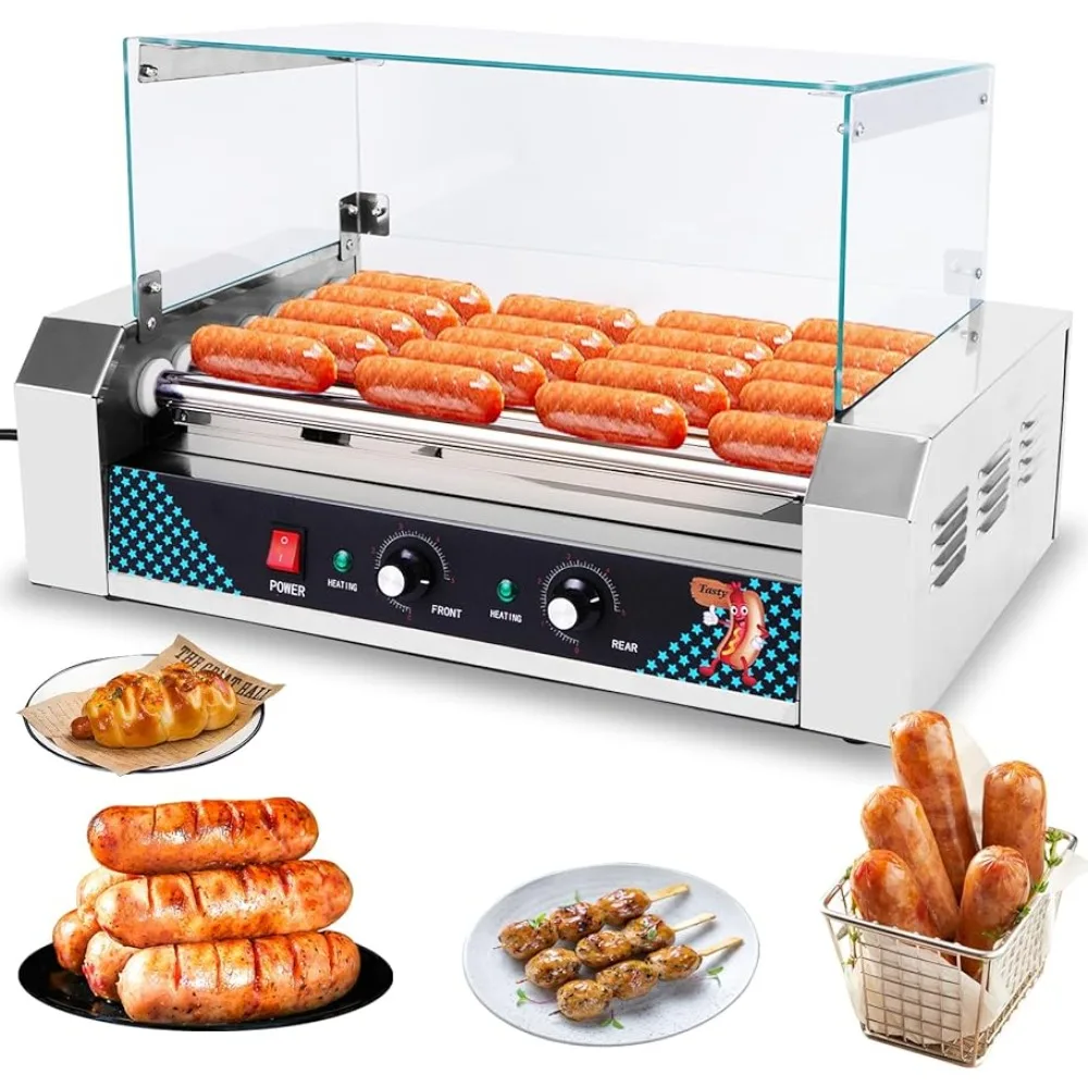 Electric Hot Dog 7 Roller Machine Household Indoor Sausage 24 Hotdog Roller Grill Cooker Maker with Dust Cover 360°Stainless