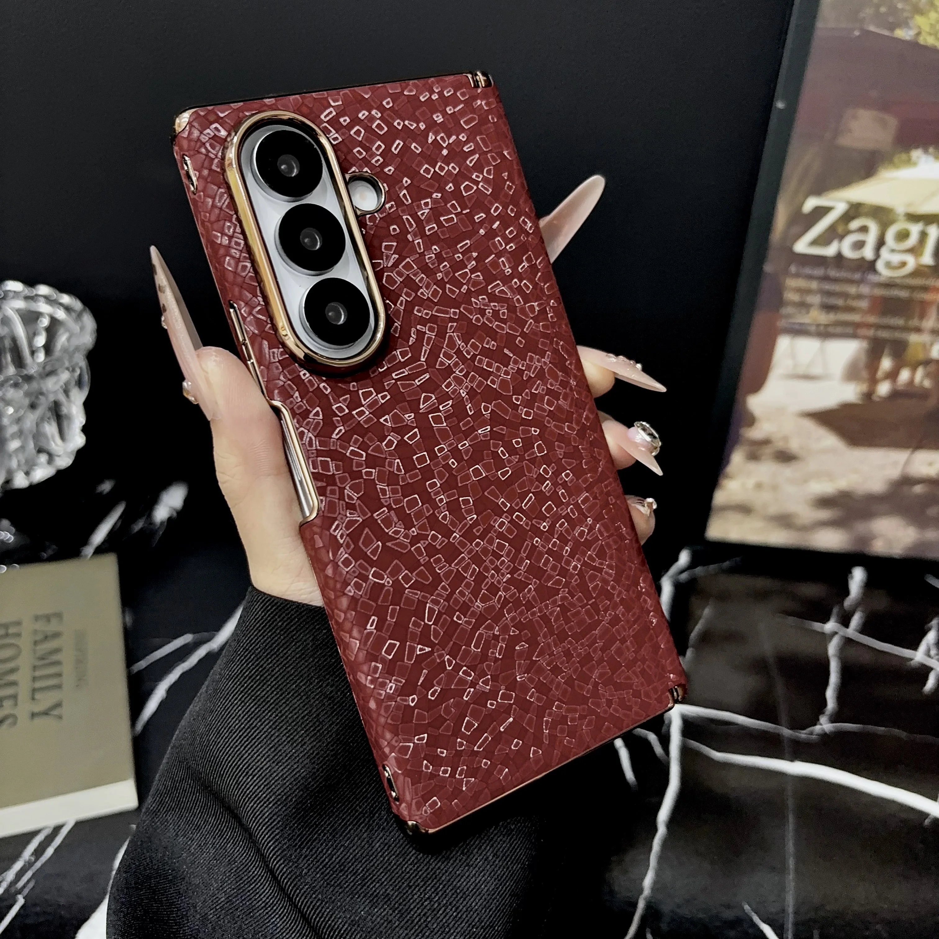 Luxury Business Mosaic Stone Texture Phone Case for Samsung Z Fold 8 Ultra 7 Metal Lens Axis Protection Shockproof Slim Cover