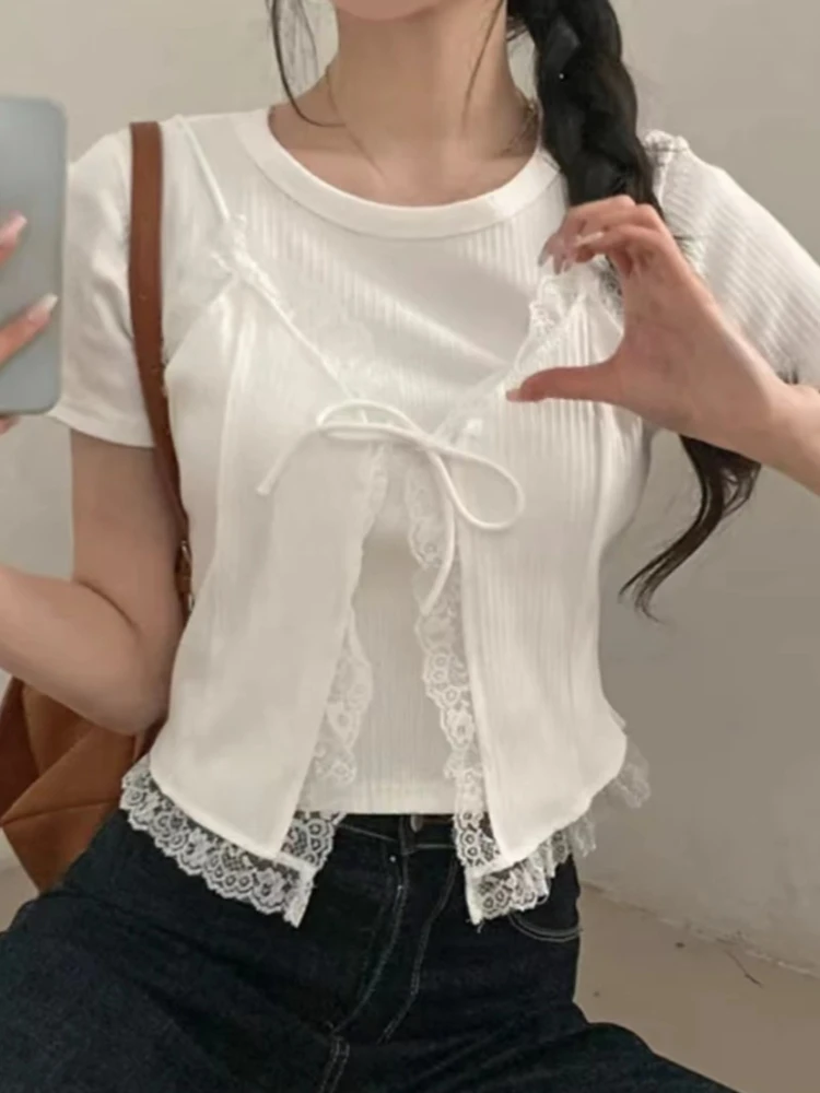 Chic Fake Two Tshirts Women Patchwork Lace Tunic Tees 2024 Ropa Mujer Bandage O-neck Short Sleeve Crop Tops Sweet Korean T Shirt