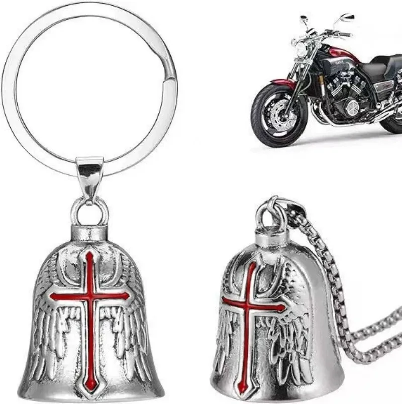 Retro Biker Guardian Bell Cross Wings Keyring Vintage Metal Bell Pendant For Motorcycle Rider Motorbike Hanging Decoration