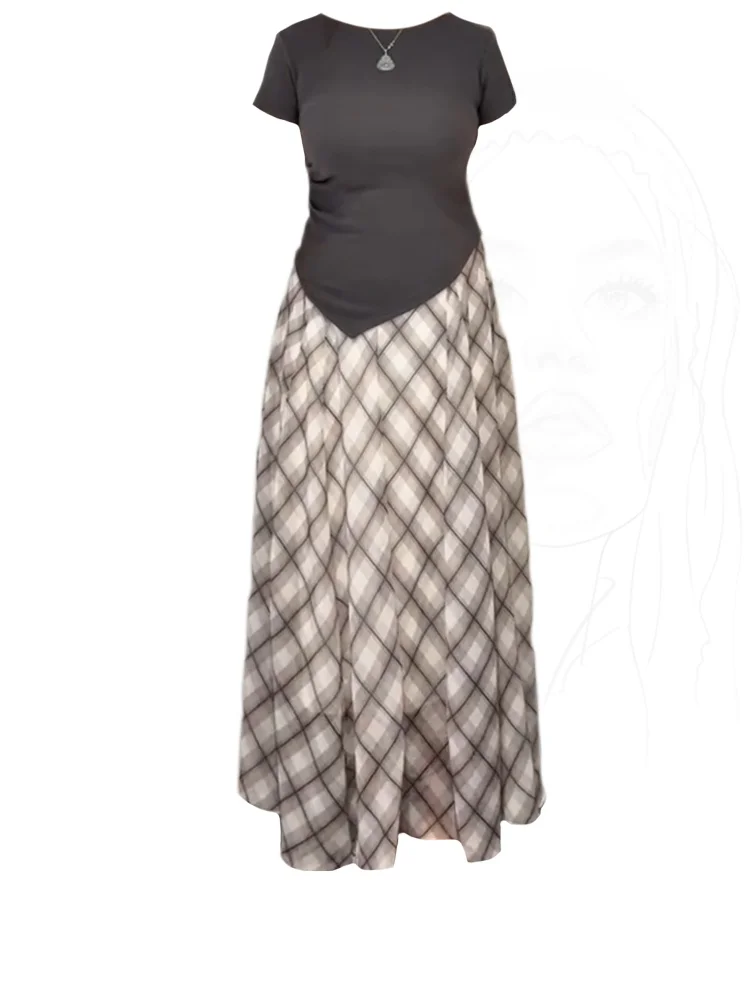 

plus Size Women's Plaid Asymmetrical Skirt And ort Sve T-irt Two-Piece Set Slimming Faion Summer Outfit