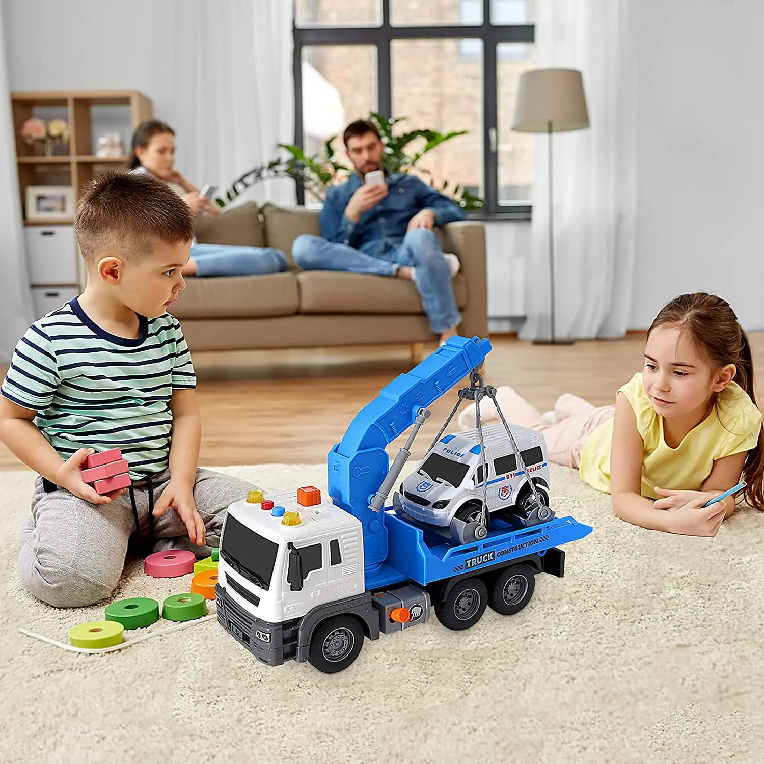 Kids Truck Toy with Hook and Car Transport Truck Crane Toy with Light&Sound for Boys and Girls