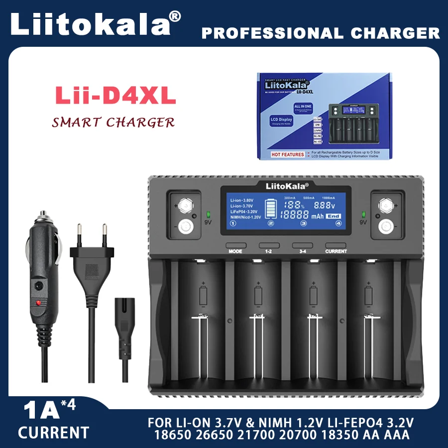 LiitoKala Lii-D4XL  Lii-CH2  21700 18650 3.7V Li-ion 3.2V LiFePO4 1.2V NiMH/Cd 26650 26700 32700  9V LCD Display Battery Charger