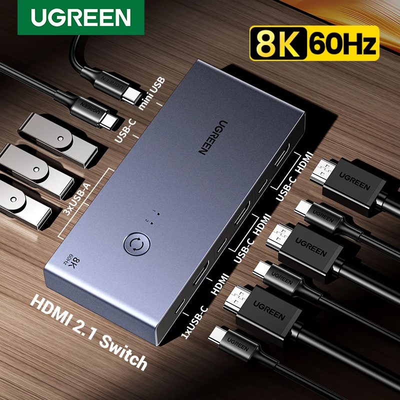UGREEN 8K 60 HDMI przełącznik KVM USB C USB3.0 przełącznik KVM er 2 sztuki udostępnianie 1 Monitor, drukarka, klawiatura, mysz wsparcie 3D ,HDR wizja