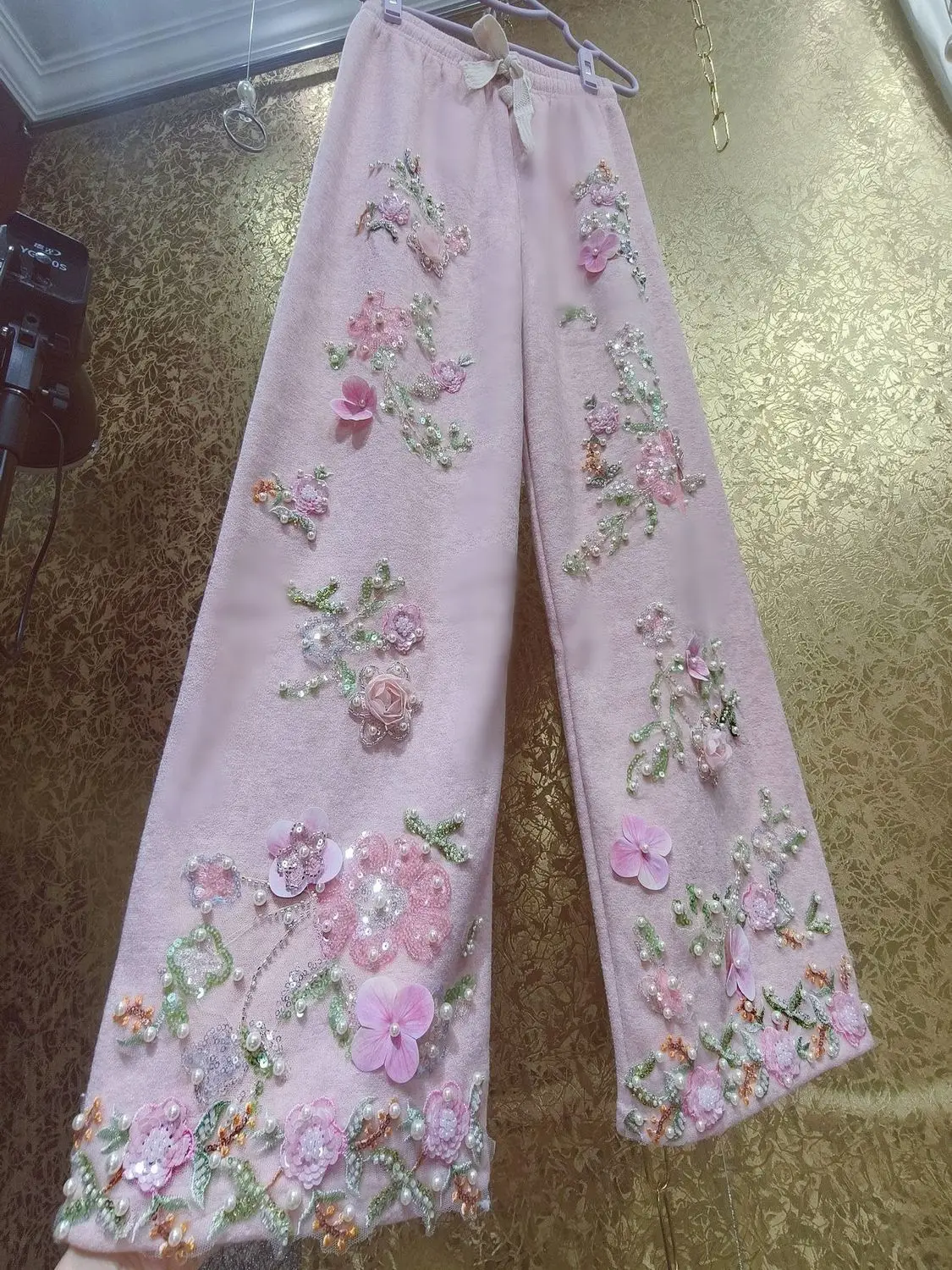 Luxury and Noble Autumn and Winter Heavy Industry Sequined Three-dimensional Flower Velvet Women's Pants Wide-leg Pants