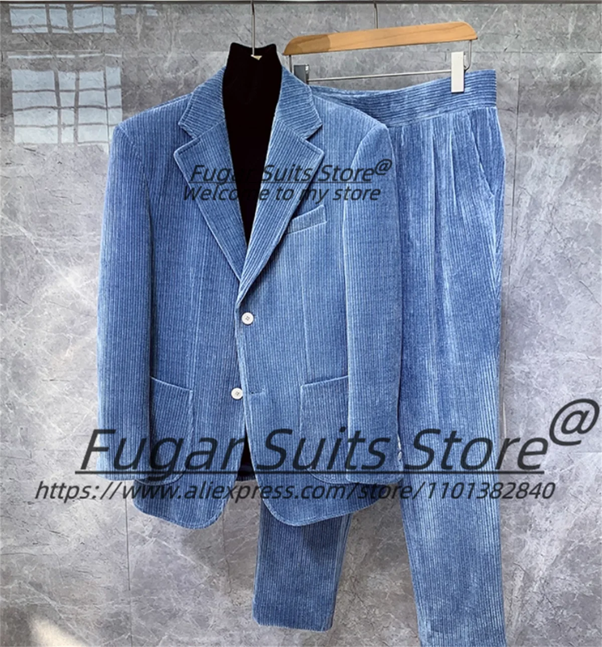 

Sky Blue Corduroy Handsome Men Suits Elegant Slim Fit Notched Lapel Groom Tuxedos Male Fashion Blkazers 2Pieces Sets Ropa Hombre