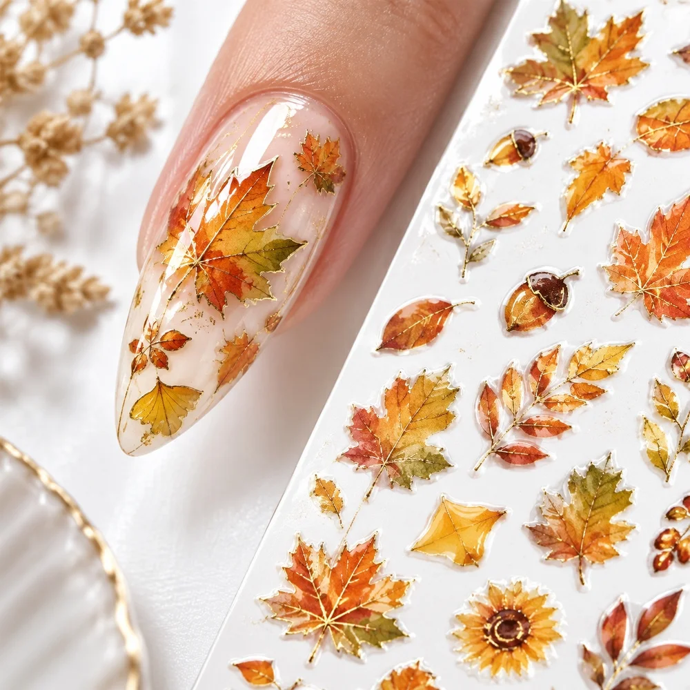 12Pcs Elegant Nail Wraps Gold Maple Leaf Hedgehog Deer Autumn Fall Foil Self Adhesive Decals DIY Nail Art Decor Collection