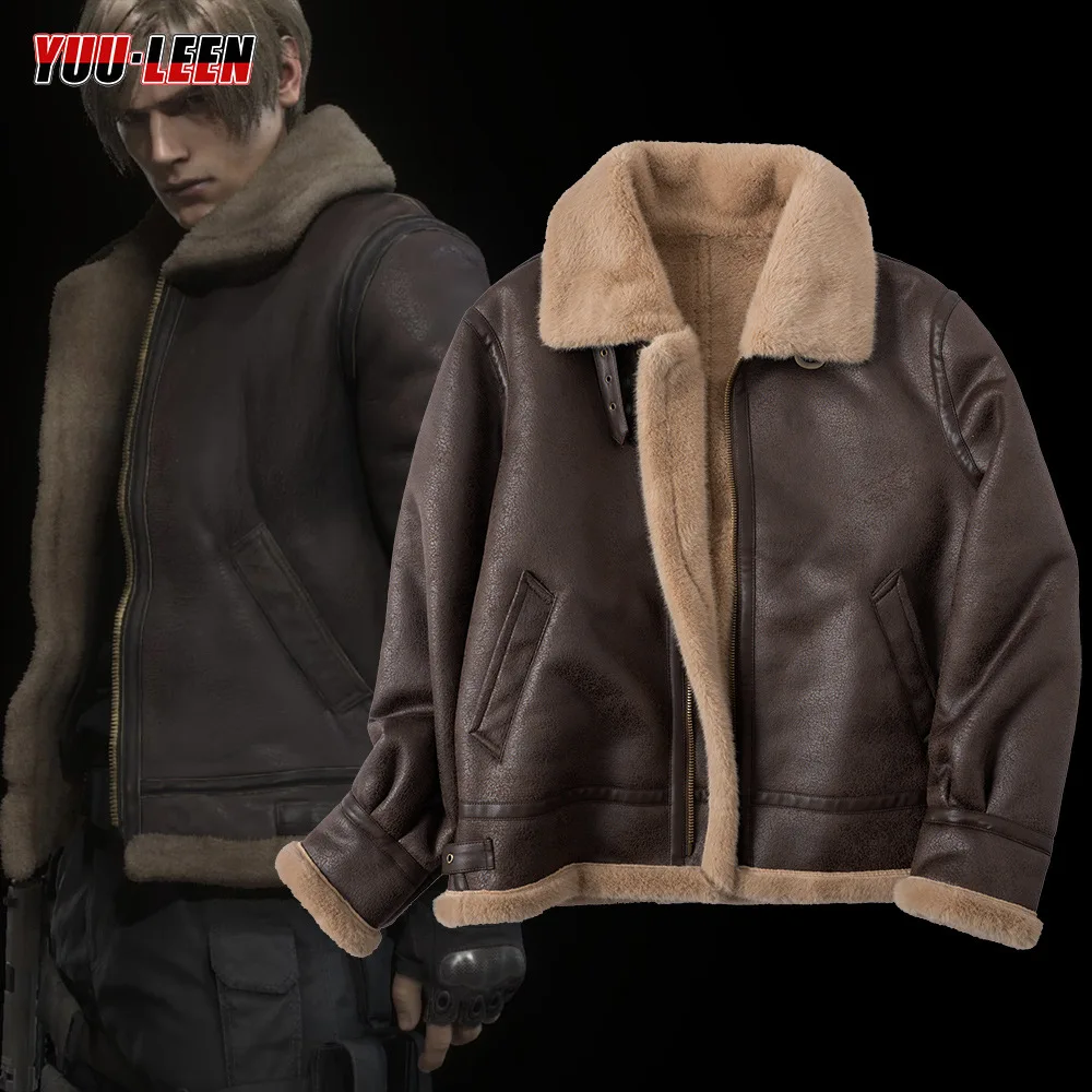 Leon S. Kennedy Cosplay Costume Resident Evil 4 Remake Brown Leather Jacket Tactical Harness Knife Sheath Pants Set Halloween