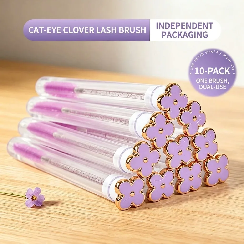 10pcs/Pack Women Lash Wands in Tubes  Clover Cat Eye Eyelash Extension Spoolie Brushes with Replaceable Heads for Brows & Makeup