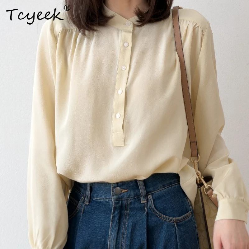 Tcyeek 100% Real Silk Blouses for Women 2026 Spring Autumn High-quality OL-style Long-sleeved Shirt Ladies Clothes Chemise Femme