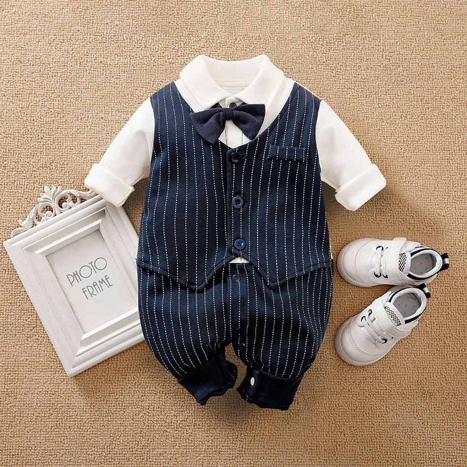 

Newborn Romper Baby Boys Bowtie Jumpsuit Infant Long Sleeve Gentleman Outfit New Born Tuxedo Suits Cotton Bow Tie Onesie 0-18M