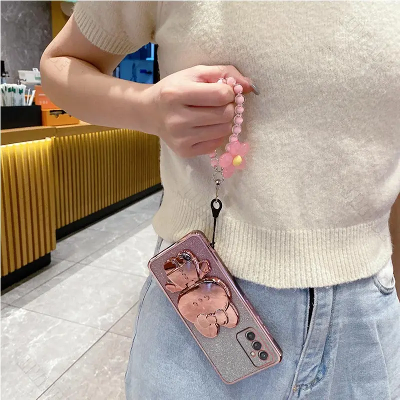 Flower Strap Mirror Rabbit Phone Holder Case On For Samsung Galaxy A34 A71 A51 A31 A11 A24 A54 A50 A20 A30 A03 A02 Stand Cover