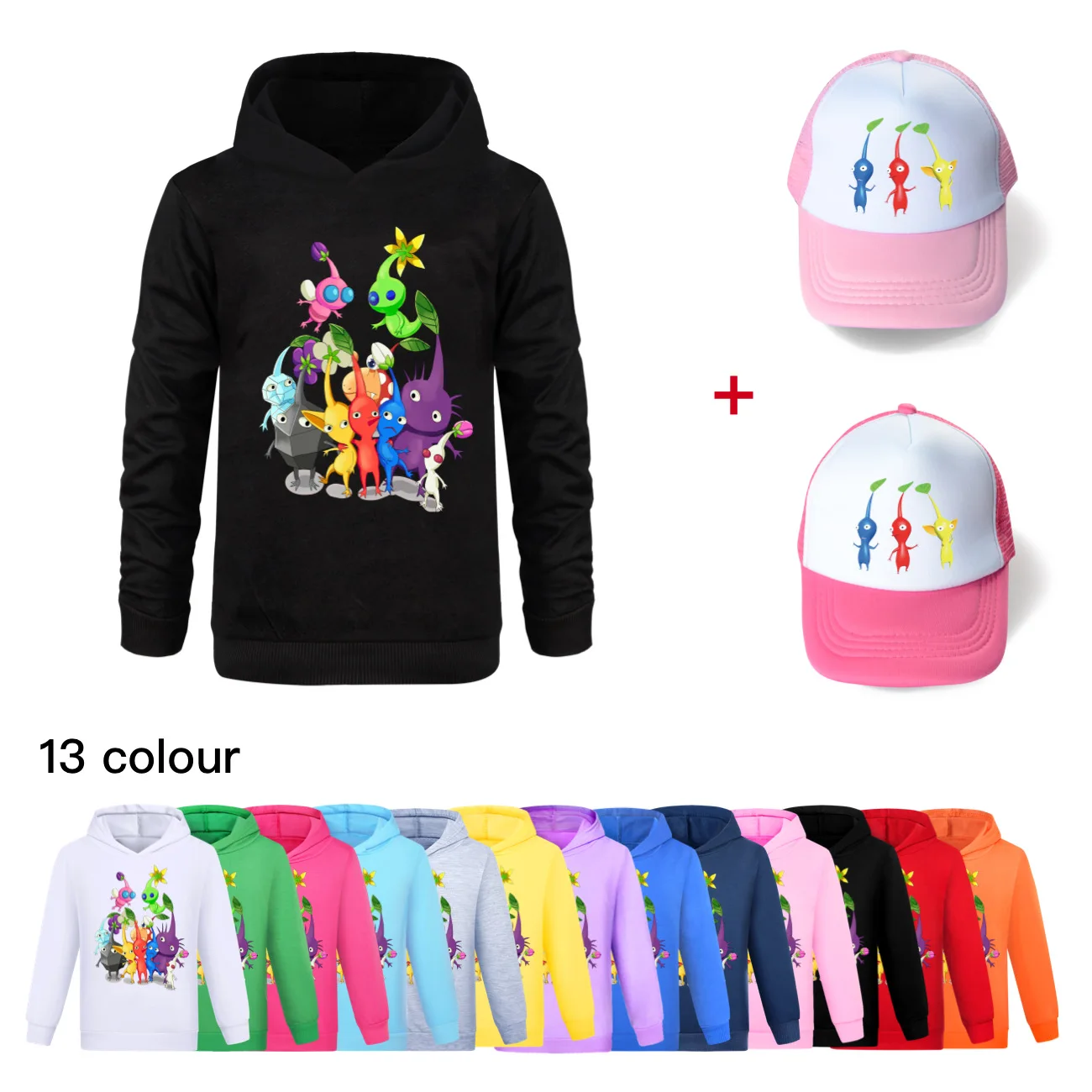 New Game Pikmin Wiki Hoodie Kids Cartoon Sweatshirts Junior Boys Pullover Hoodies+sunhats Toddler Girls Long Sleeve Outwear